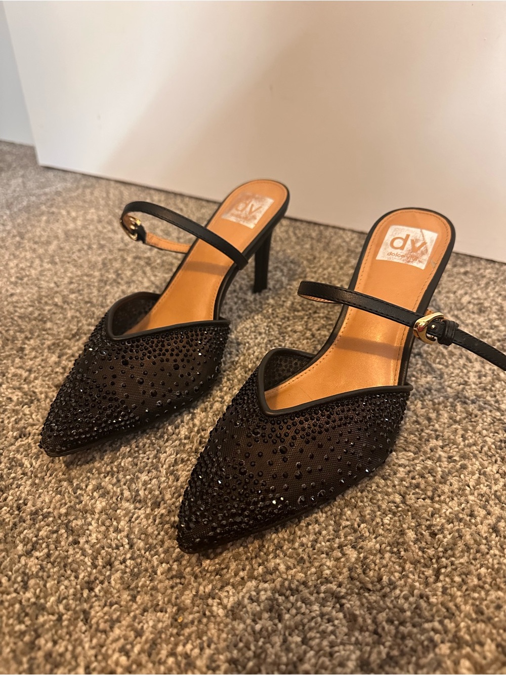 Dolce Vita Black Embellished Pointed Mules with Ankle Strap